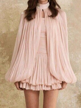 Pink Boho Women's Pleated Cape Sleeve Mini Dress